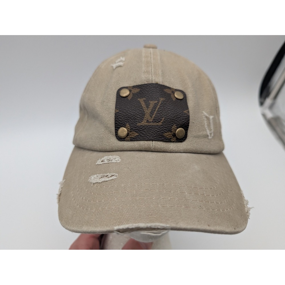 CC Exclusives Upcycled L.V. LV Patch Distressed Ponytail Baseball Cap Tan